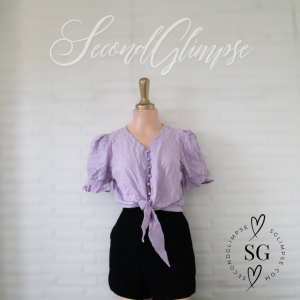 Lilac Button-Down Blouse with Puff Sleeves and Tie Front