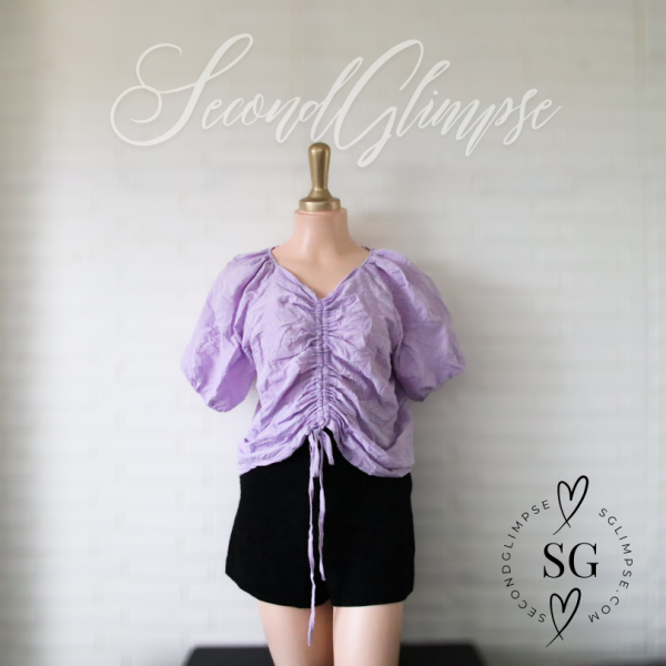 Lavender Ruched Drawstring Blouse with Puff Sleeves