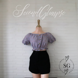 Plaid Button-Down Crop Top with Puff Sleeves